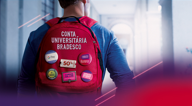 #PraCegoVer Texto: BRADESCO UNIVERSITÁRIO - Uma conta cheia de experiências pra sua bagagem.